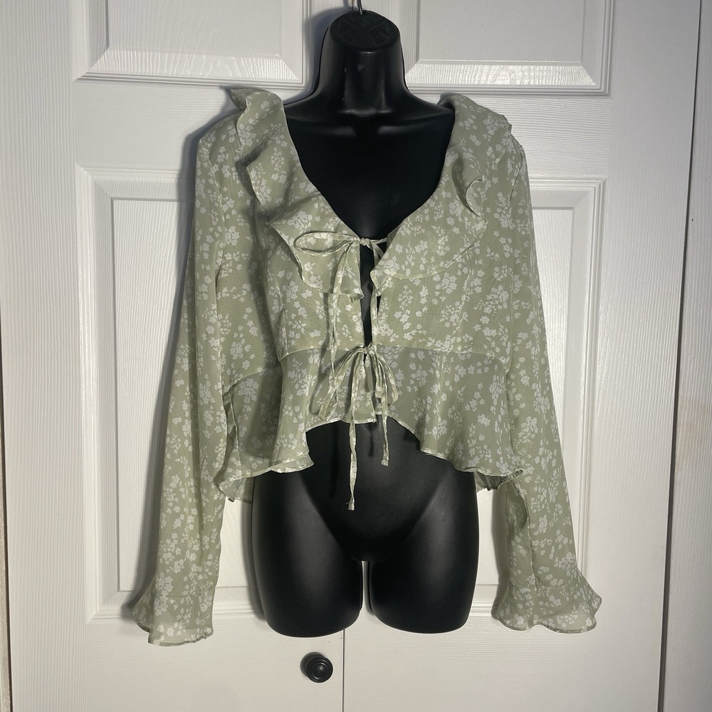 Vintage Y2K No Boundaries Shirt‎ Women XL Pale Green Floral Babydoll Top Ruffle